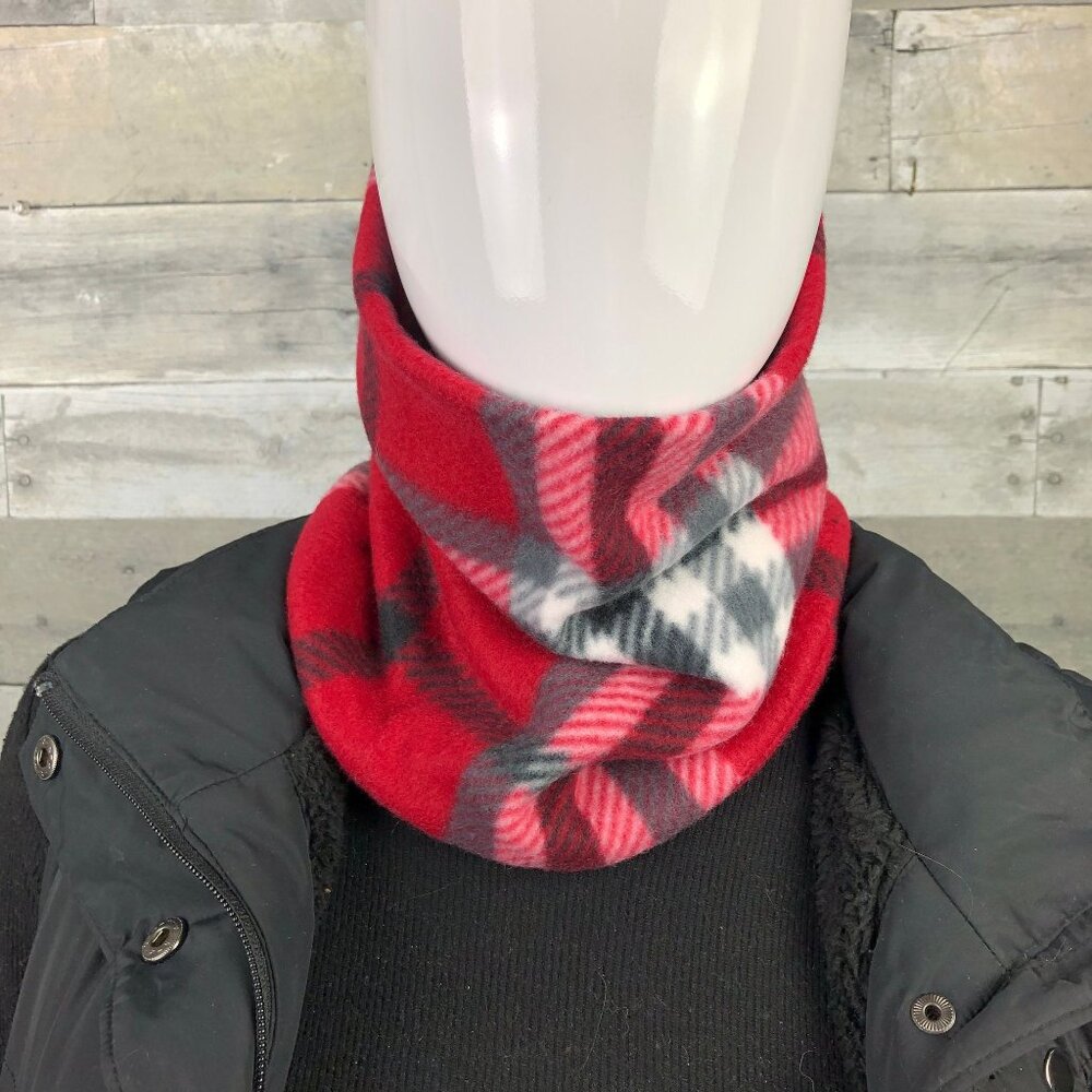 Red Plaid Fleece Neck Warmer: Tartan Scarf Cowl